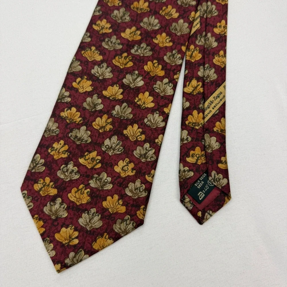 Ermenegildo Zegna Tie Mens OS Burgundy Gold Floral Leaf Silk Italian Designer